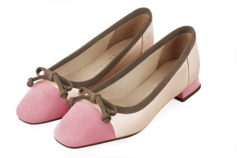 Carnation pink, gold and chocolate brown women's ballet pumps, with low heels. Square toe. Flat flare heels. Front view - Florence KOOIJMAN